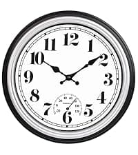 45MinST 13-Inch Vintage Outdoor Wall Clock with Thermometer and Hygrometer, Waterproof, Large Numbers, Silent, for Indoor and Outside Use,Porch,Garden,Pool(Black Frame with Silver Trim)