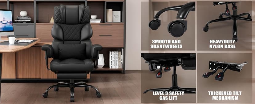 Vonesse Big and Tall Office Chair, Desk Chair with Soft Adjustable Armrests, Ergonomic High Back Gaming Chair with Lumbar Support, Executive Computer Chairs with Footrest (PU Leather, Black)