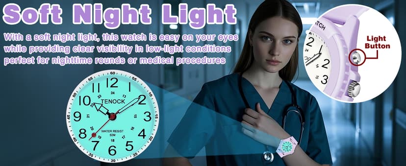 TENOCK Waterproof Nurse Watch for Medical Professionals Students Women Men, Night Light, 12/24 Hour Military Time Easy to Read Dial, Second Hand Watch for Nursing Day Gifts
