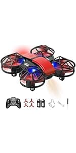 Red Mini Drone for Kids, Indoor & Outdoor RC Quadcopter, Full Propeller Guards, LED Light, 3D Flips, One Key Start, Headless Mode, 2 Rechargeable Batteries, 21 Mins Total Flight Time, Toy Gift for Boys and Girls
