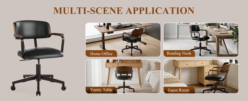 Mid-Century Modern Desk Chair with Walnut Bentwood Design,Retro Home Office Chair with Adjustable Height,360°Swivel,Smooth Rolling Casters,Small Computer Chair PU Leather (Black)