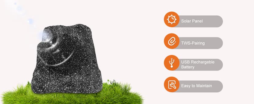 STUDIOFINIX 6.5" Rock Speakers Outdoor Waterproof - 5.3 Bluetooth Wireless Speaker Solar Powered Max Peak 200W for Garden,Patio,Deck,Pool,Backyard (Gray 1 Pair)