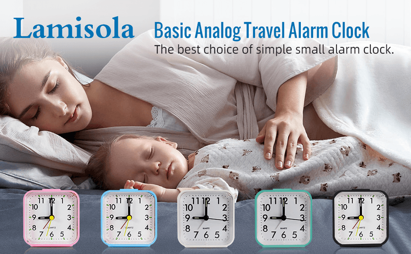 Lamisola Small Analog Travel Alarm Clock, Battery Operated Desk Table Shelf Clock for Kids, Quieter Bedside Alarm Clocks for Bedrooms Bathroom Living Room Kitchen, Black