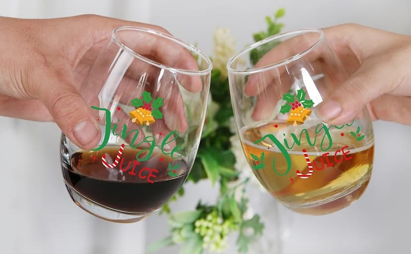 Jogskeor Jingle Juice Christmas Wine Glass, 15 Oz Christmas Stemless Wine Glass for Friends Women Men, New Year Gift Idea for Christmas Wedding Party