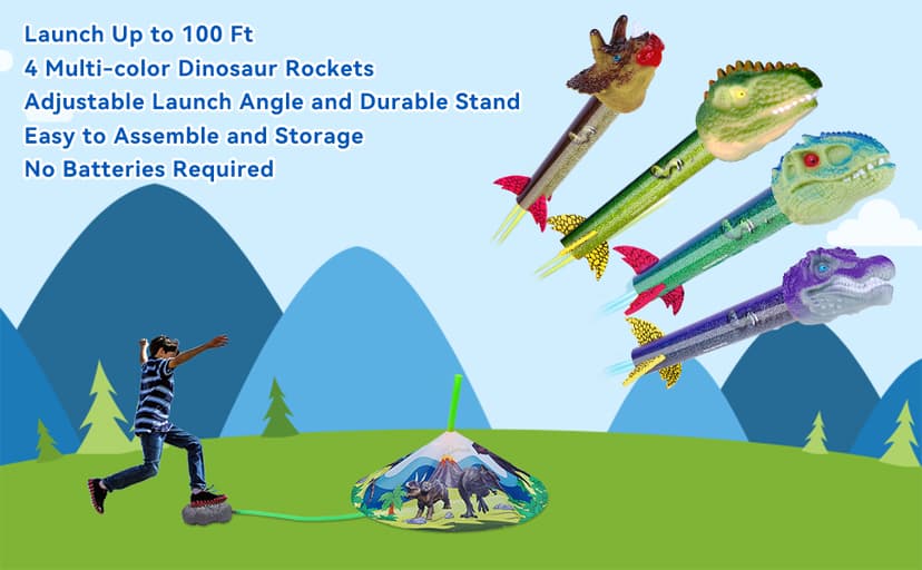 Dinosaur Toy Rocket Launcher for Kids - Launch Up to 100 Ft, 4 Rockets, Outdoor Outside Toys for Kids, Dinosaur Toys, Birthday Gifts for 3 4 5 6 7 8-12 Year Old Boys Girls