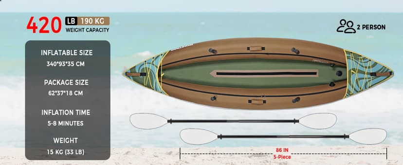 Inflatable Kayak, Portable Ripstop Oxford Cloth Recreational Touring Kayak with Fiberglass Kayak Paddle, Hand Pump and Carrying Bag, 1/2 Person