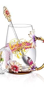 Luka Tech Enamel flower Lead-free Glass Coffee Mugs Tea Cup with Steel Spoon, Best Birthday Gifts For Women Wife Mom Friends Mothers Valentines Day Christmas