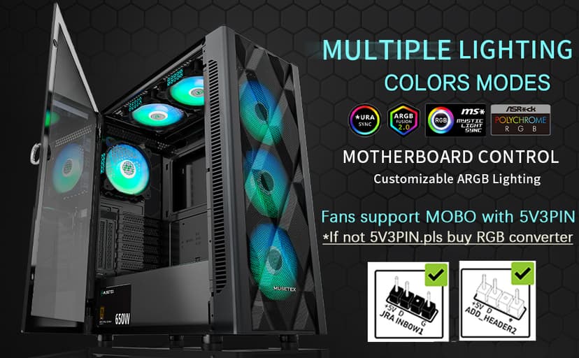 MUSETEX ATX PC Case Pre-Install 6 PWM ARGB Fans, Polygonal Mesh Computer Gaming Case, Opening Tempered Glass Side Panel Mid-Tower Case, USB 3.0 x 2, Black, NN8