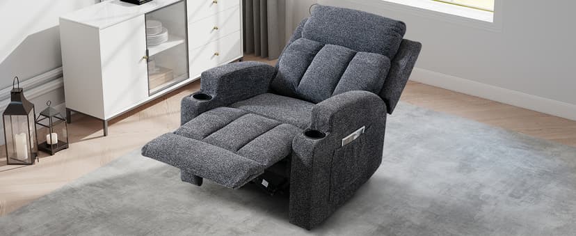 CANMOV Manual Recliner Chair with Massage and Heat, Soft Fabric Recliner Chair with Overstuffed Arm and Back, Manual Reclining Single Sofa with 2 Cup Holders, Side Pocket for Living Room, Dark Grey