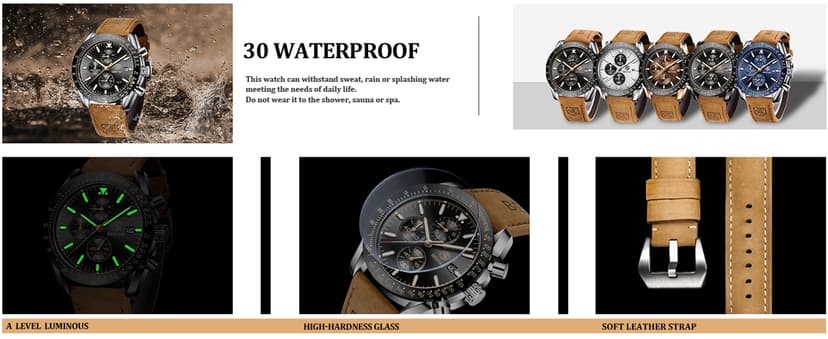 BENYAR Mens Watches Quartz Movement Chronograph Leather Strap Fashion Business Sport Design 30M Waterproof Scratch Resistant Elegant Gifts for Men