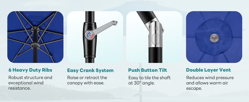 OLIXIS 7.5ft Patio Umbrella with Tilt and Crank Button & 8 Sturdy Ribs Waterproof, Patio Table Umbrella Perfect for Poolside, Terrace, Beach and Outdoor Restaurant, Blue