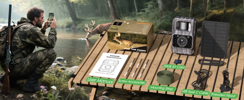 MAXDONE Solar Trail Camera WiFi Bluetooth - 4K 64MP Game Camera with 6000mAh Battery, Rechargeable Trail Cam with Night Vision Motion Activated IP66, Wildlife Cameras Deer Cams for Outdoor Backyard