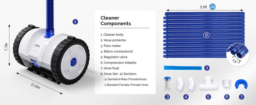 (2025 Upgrade) VINGLI Automatic Suction-Side Pool Vacuum Cleaner, Powerful Wall-Climbing Sweeper for Inground Pools, Includes 39.6ft Tangle-Free Hose (Blue&White)