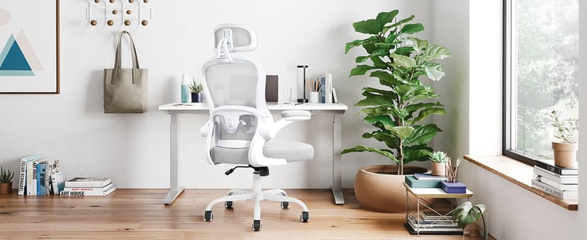 Ergonomic Office Chair,Ultra Thick Office Desk Chair with Adjustable Lumbar Support and Headrest,Spring Cushion,Rocking Function,Flip-up arms,Mesh Computer Chair for Home Office,Grey