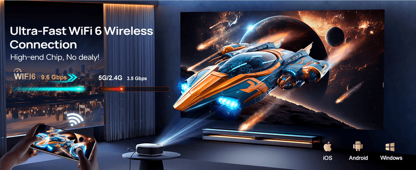 Projector with WiFi and Bluetooth, 1080P Full HD Portable Projector, 4K Supported Outdoor Projector, Lag-free 5G WIFI 6, Compatible with iPhone, Android, PC, TV Stick, PS5, Xbox