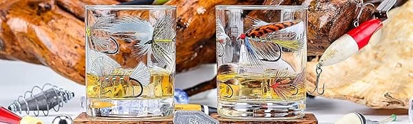 Greenline Goods – Fly Fishing Glass Set for Fisherman and Outdoorsman – Fly Lures Themed 10 oz Whiskey Drinking Glass Set of 2
