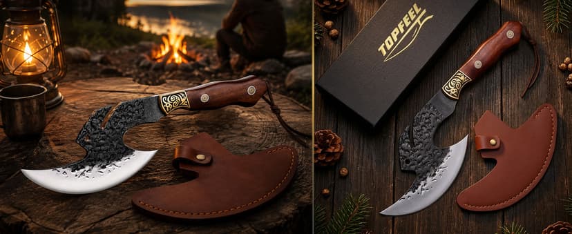 High carbon steel kitchen axe for meat cutting. Ideal for outdoor BBQ & camping. Premium birthday gift box for men & dad Topfeel Hand Forged Meat Cleaver,6.2" Viking Knife with Sheath gift for men B0FVSNSCRK
