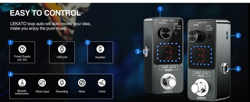 LEKATO Looper Pedal,Guitar Looper Pedal for Electric Guitar&Bass Loop Pedal with SYNC & Tuner Function Triple Effect Guitar Looper with LED Screen Unlimited Overdubs 3 Loops 18 Minutes Record Time