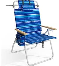 Tall Beach Chairs for Adults, 17" High Backpack Beach Chair with Wooden Armrests, 5 Positions Reclining Heavy Duty Chair with Large Cooler Pouch, Support to 350LBS Striped Blue,1pack