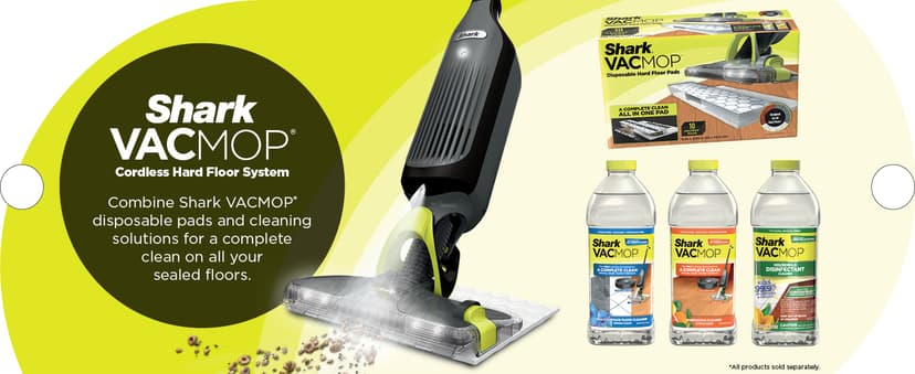 Shark VACMOP Cordless Hard Floor Cleaner, Vacuum and Spray Mop, Powerful Suction, Lightweight, LED Headlights, Includes 4 Disposable Pads, 12oz Multi-surface Cleaning Solution, Gray, VM252