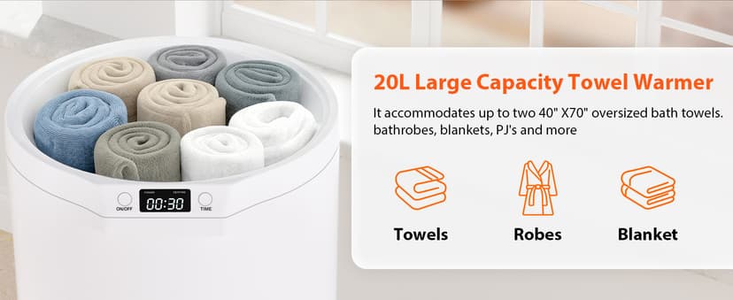 Towel Warmers for Bathroom, 20L Large Towel Warmer Bucket, Fits Up Two 40"X70" Oversized Towels, Bathrobes, Blankets, Towel Heater with LCD, 4 Timer Setting and Auto Shut Off(White)