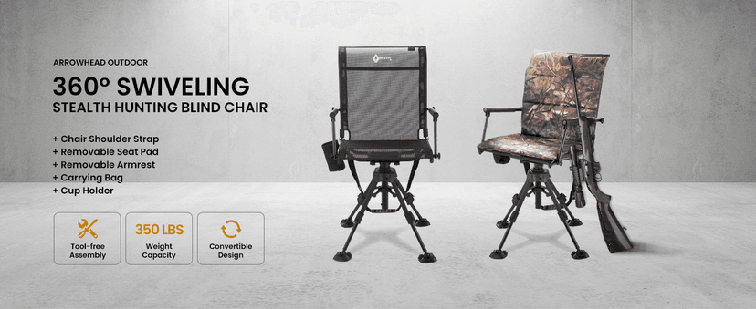ARROWHEAD OUTDOOR Wide Folding 360° Hunting Swivel Blind Chair with Removable Camouflage Seat Pad, Armrest, No-Sink Feet, Shoulder Strap, Mesh Chair, Adjustable Height