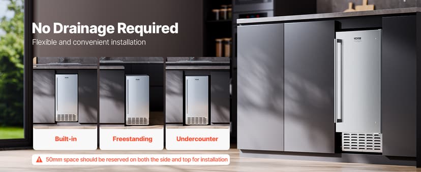 VEVOR Under Counter Ice Maker, 66 Lbs/Day Under Counter Stainless Steel Nugget Ice Makers Machine with Drain Pump, Reversible Door, 18 Lbs Storage, Freestanding Ice Maker for Commercial Home Kitchen