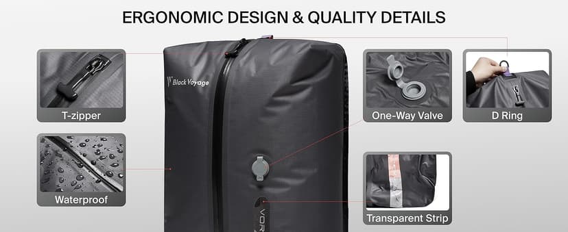 Black Voyage Reusable Vacuum Compression Travel Bag for Carry-On Suitcase and Backpack, Recycled IP67 Waterproof Space Saver Vacpack (2-Pack, 18L - Pump Included)