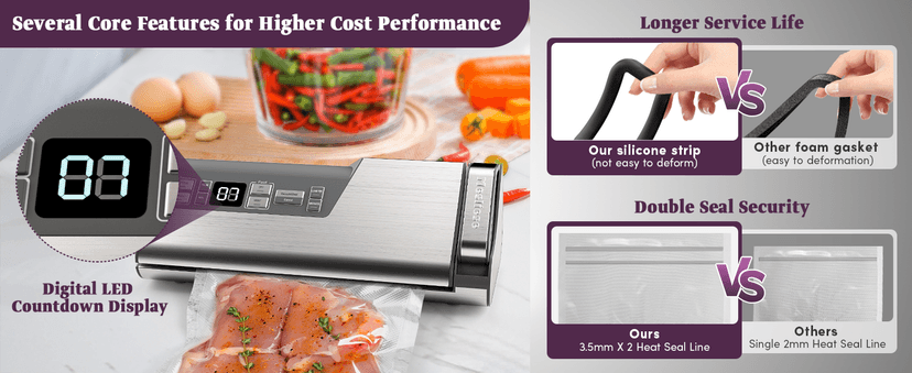 Mesliese Vacuum Sealer Machine, Powerful 95kPa 140W One Hand Operation Food Sealer, Double Seal Strip with Build-in Cutter & Countdown Display