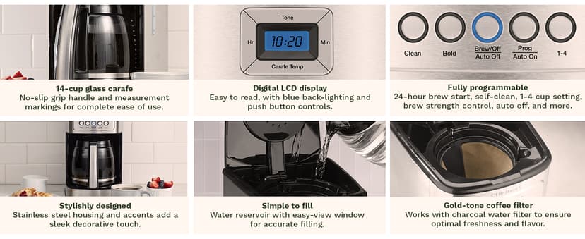 Cuisinart Coffee Maker, 14 Cup Glass Carafe Coffee Machine, Fully Automatic for Brew Strength Control, 1-4 Cup Settings, Adjustable 24 Hour Start and Auto-Shut-Off Times, Stainless Steel, DCC-3200P1