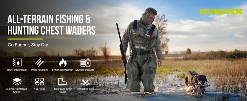 HUNTSEN Fishing Waders for Men Women - 2-Ply Nylon/PVC Waterproof Hunting Chest Waders with Boot Hanger&Phone Case, Size10-12