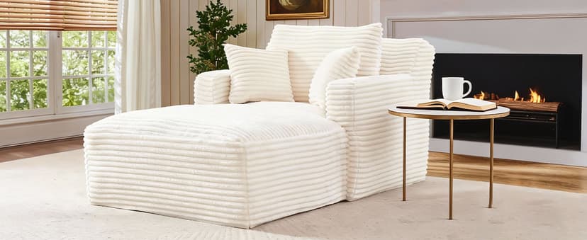 65.4" Chaise Lounge Chair Indoor, Corduroy Oversized Boneless Lounge Chair Single Sofa Bed with 3 Pillows, Deep Seat Comfy Upholstered Reading Chair for Living Room, Bedroom, Apartment Beige