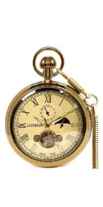VIGOROSO Mens Classic Steampunk Pocket Watch with Chain Skeleton Hand Wind Mechanical Pocket Watches for Men & Women