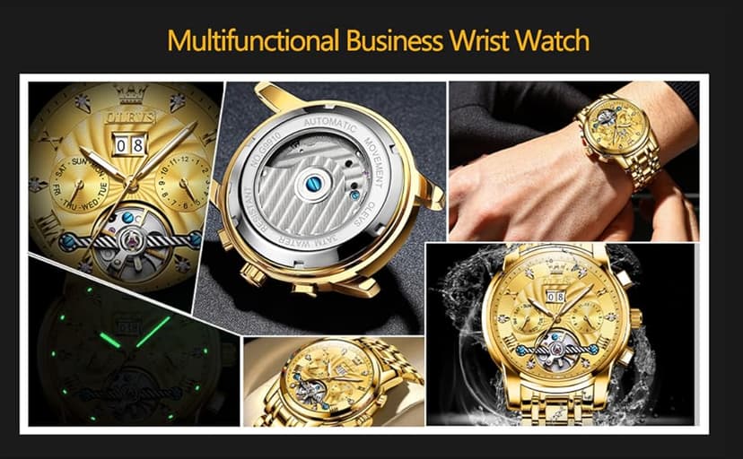 OLEVS Men Automatic Watch Skeleton 5 Hands Mechanical Classic Luxury Multi Calendar Stainless Steel Waterproof Wrist Watch for Men