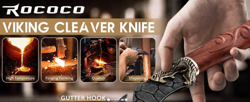 ROCOCO Viking Cleaver Knife Butcher Meat Cutting Boning Knife Hand Forged Chinese Kitchen Axe with Sheath Home Outdoor BBQ Camping Chirstmas Birthday Chirstmas Mother Father Gift Men