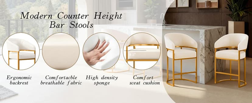 Modern Counter Height Bar Stools,Bar Stools Set of 3,PU Leather Upholstered Barrel Barstools with Backs,26" Kitchen Island Chairs,Metal Gold Frames,Beige White Leather