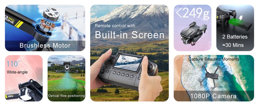 Brushless Drone With Camera For kids And Beginner, Toy Drones With Screen On Controller, No Phone Needed, Entry-level Drone For Kid 8-12 With Auto Hover, Easy to Fly, One Click Take Off/Land, No FAA, Under 249g, 2 Batteries, SD Card