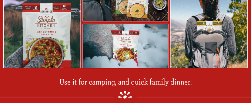 READYWISE - Simple Kitchen, Soup Favorites, Variety Pack, 8 Servings Per Pouch, Soup Mix, Family Size, MRE, Freeze Dried Food, Ready To Eat Meals, Hiking & Backpacking Food, Soup for Family, Pack of 4