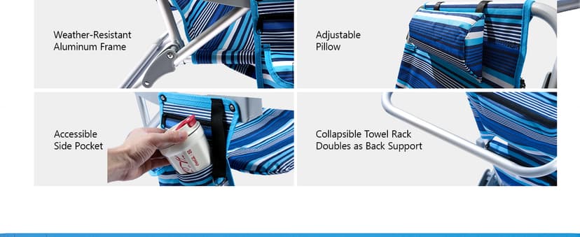 PASAMIC Backpack Beach Chair for Adults Portable, Lay Flat Reclining Beach Chair with 5 Positions, Tall Heavy Duty Folding Chairs with Cup Holder, Cooler Pouch, Towel Bar, Multicolor Stripe