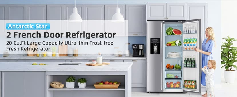 Antarctic Star French Door Refrigerator with Side Freezer, Nugget and Cube Ice Maker, Adjustable Thermostat, 20 Cu. Ft., Stainless Steel