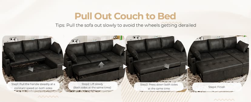 Esright Sleeper Sofa Bed, 3-in-1 Pull Out Couch with Reversible Chaise, Leather Sleeper Sofa with Storage, USB, Cup Holder, Pullout Sectional Couches for Apartment Living Room, Black | Hidden Storage Space