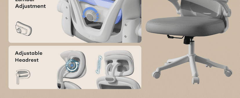 SeekFancy Ergonomic Office Chair M903, Computer Desk Chair with Wheels, High Back Mesh Office Chair with Adjustable Lumbar Support, Headrest, Flip-Up Armrests, White Grey