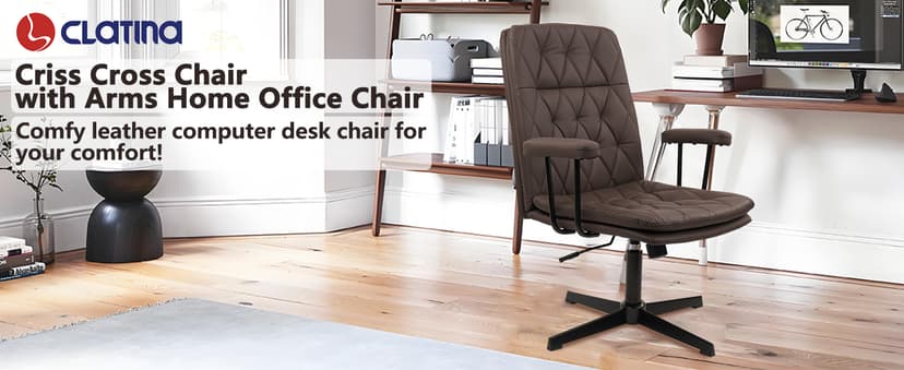 CLATINA Office Chair No Wheels, Leather Criss Cross Desk Chairs with Arms, Modern Cross Legged Computer Chair, Mid Back Height Adjustable Swivel Task Vanity Chair for Home Office, Chocolate Brown