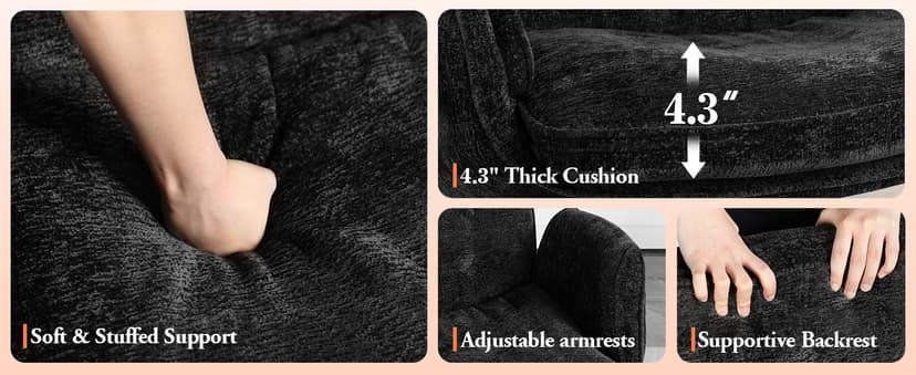 Criss Cross Chair with Wheels & Arms, Chenille Cross Legged Office Chair with 5-level Folding Armrest, Comfortable Adjustable Swivel Vanity Chair for Home, Make Up, Bed Room, Office, Accent (Black).
