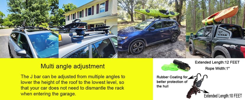 Folding Kayak roof Rack Adjustable for Kayak/Canoe/SUP,J-Bar Rack on Roof Mounting On SUV, Car and Truck Crossbars. (23-krf-1)