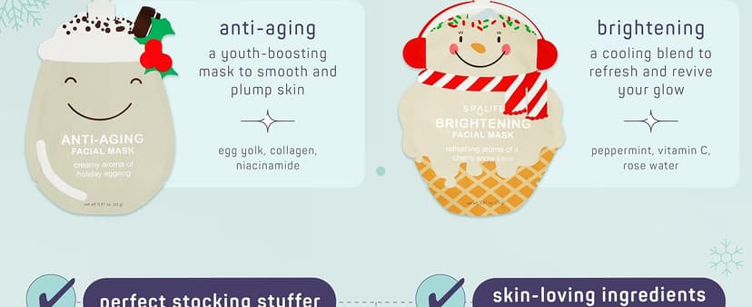 SpaLife Holiday Treats Facial Masks 12-Pack Assorted - Festive Christmas Skincare for Hydration and Refreshment - Gingerbread, Sundae, Cocoa & Eggnog