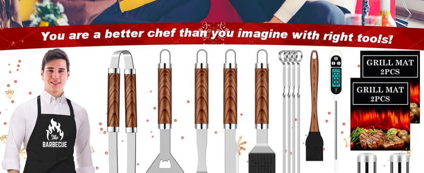 ROMANTICIST 26pcs Stainless Steel Grill Tool Set, Heavy Duty BBQ Grilling Accessories Gifts for Men Dad, Non-Slip Grill Utensils Kit with Apron, Thermometer, Mats in Aluminum Case for Christmas Brown