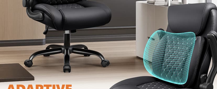 BESTFAIR Office Chair, Ergonomic Computer Desk Chairs with Lumbar Support for Lower Back Pain Relief, Executive Leather Home Chair Comfy with Padded Flip-up Armrests, Black