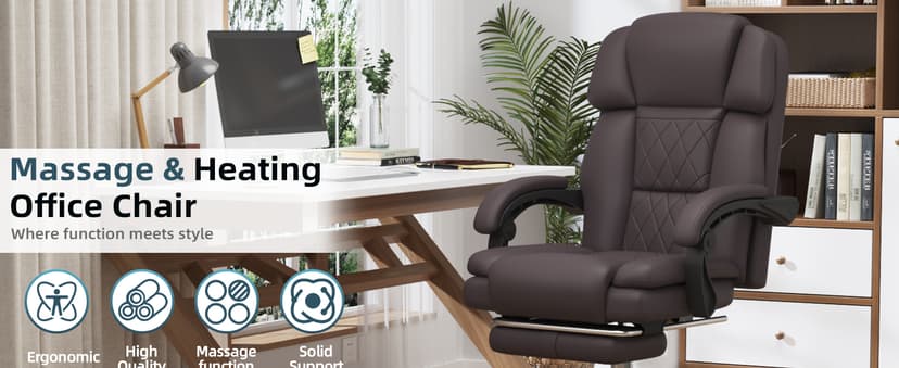 HOMREST 6-Point Massage Office Chair with Heat, Ergonomic Reclining Desk Chair with Footrest, PU Leather Executive Chairs for Home Office, Massaging Computer Chair Gift for Men, Brown