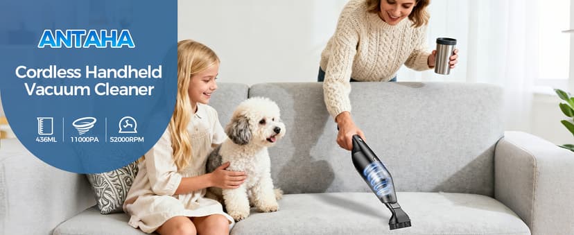 Antaha Handheld Vacuum Cordless -Car Vacuum Portable Cordless Cleaner with 11000Pa Powerful Suction,1.2lbs Lightweight, Type-C Charge, Multiple Accessories, Portable Hand Vacuum for Home, Pet and Car